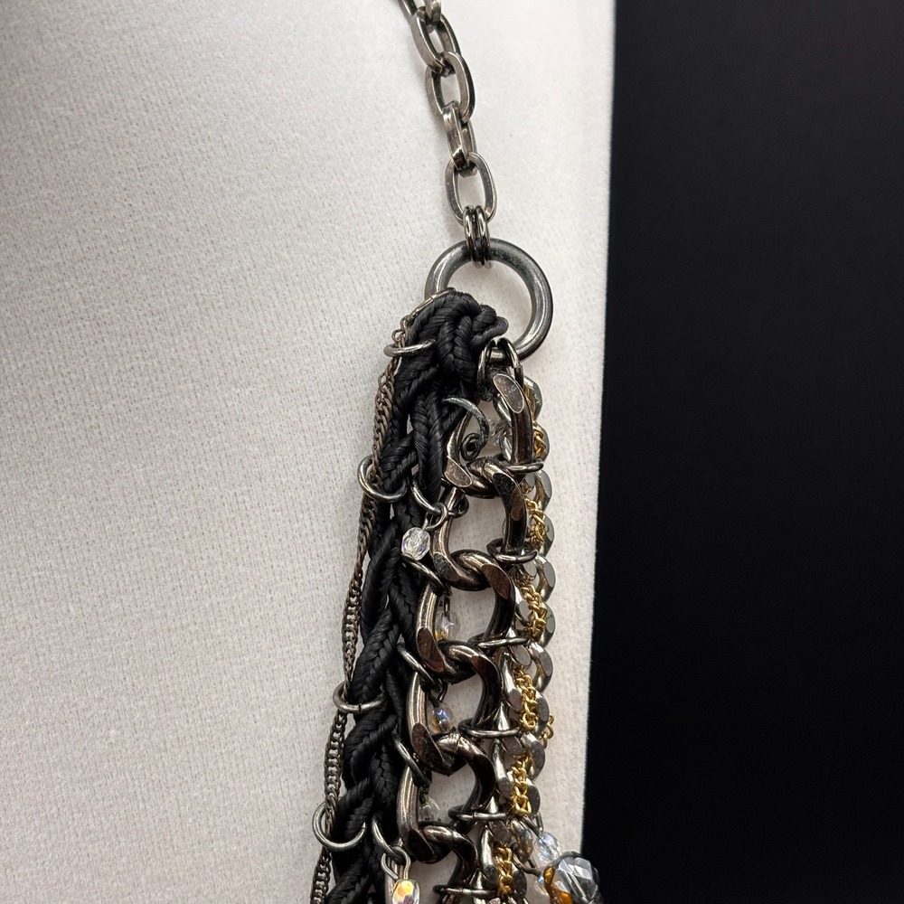 Vintage Y2K Black Cord Chain Dangle Beaded Statement Necklace Mixed Metal Boho - Picture 6 of 12